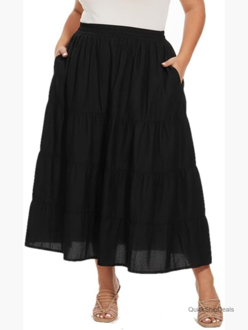Plus Size Cotton Maxi Tiered Skirt with Pockets Boho Elastic Waist